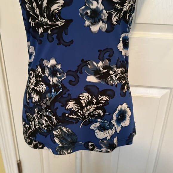 Caché Vintage Cobalt, Navy, Black & White Floral Top w/ Jeweled Straps - Picture 4 of 12